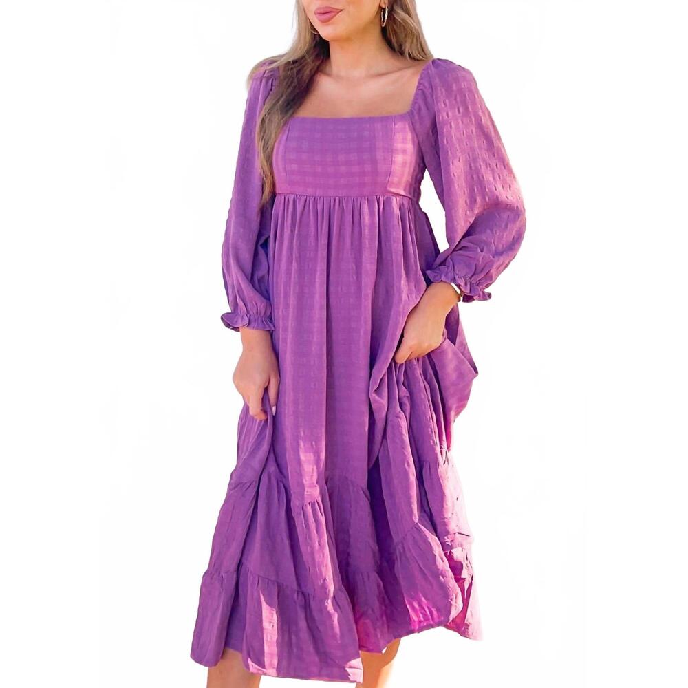 NEW IN THE BEGINNING puff sleeve midi dress in purple